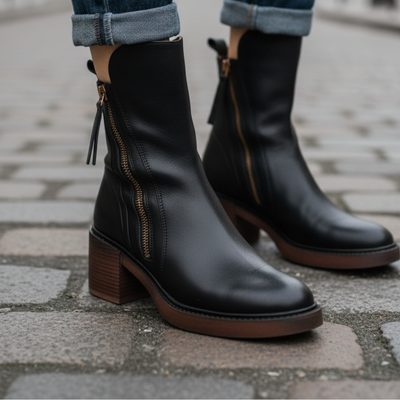 Valorine | Black leather boots with a comfortable heel