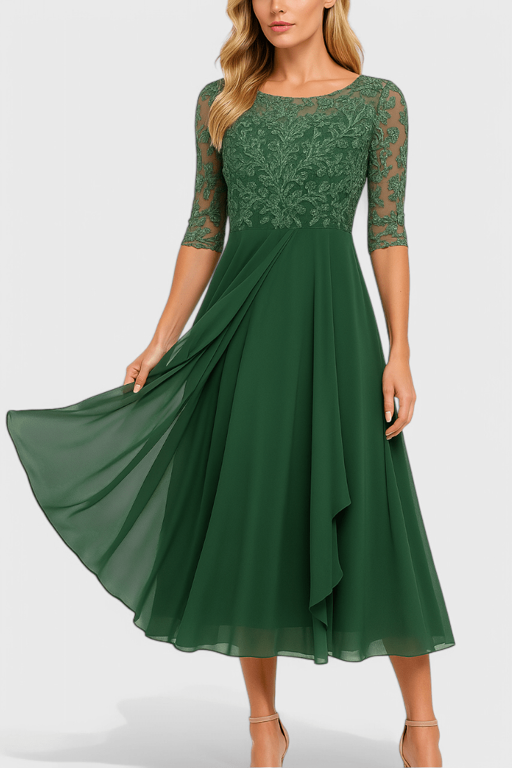 Abby | Embroidered Illusion Neckline Midi Dress