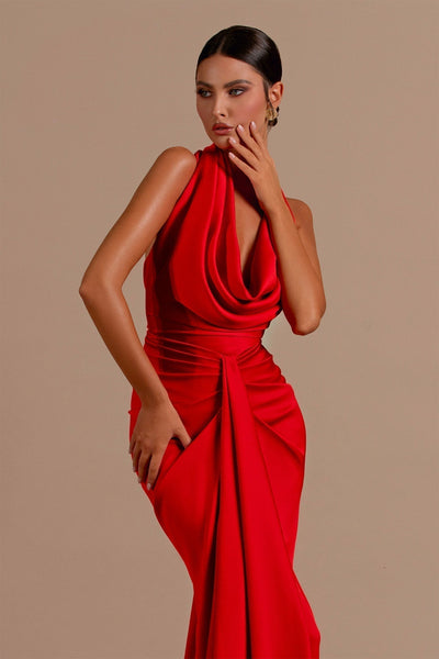 Carmella | Satin Halter Neck Backless Maxi Dress