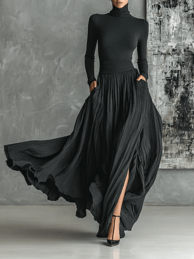 Mary | All Black Turtleneck & Pleated Skirt Set