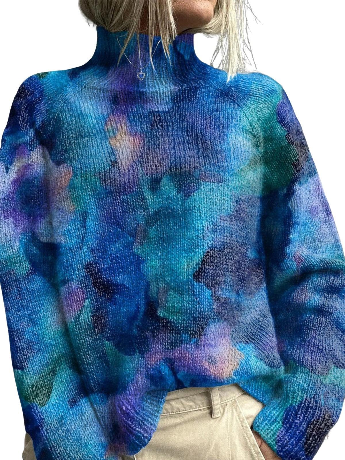 Abstract floral watercolor pattern, knitted turtleneck sweater